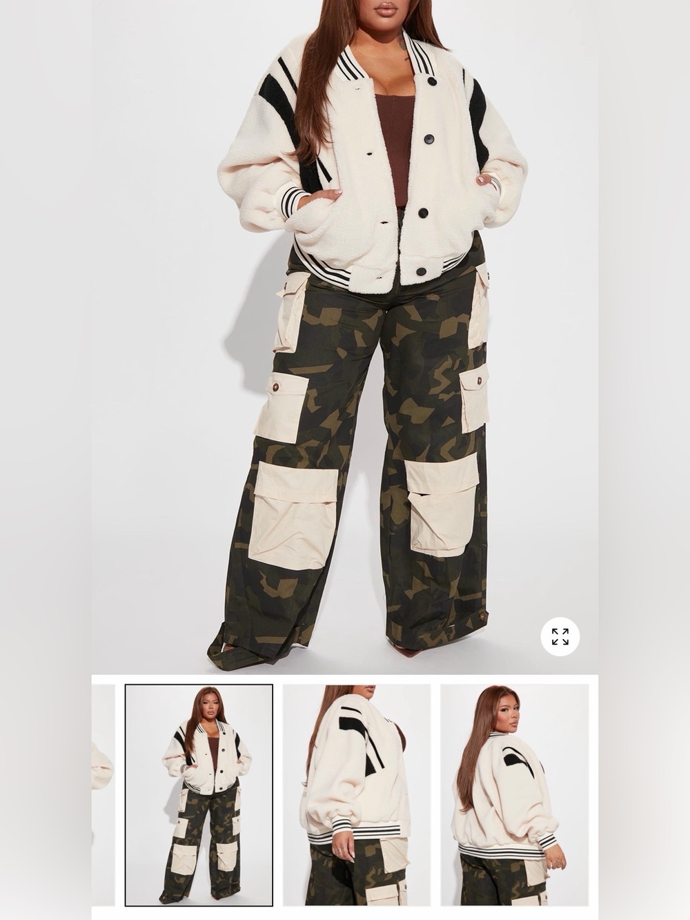 Fashion Nova Olive Camo Wide-Leg Cargo Pants with Cream Pockets